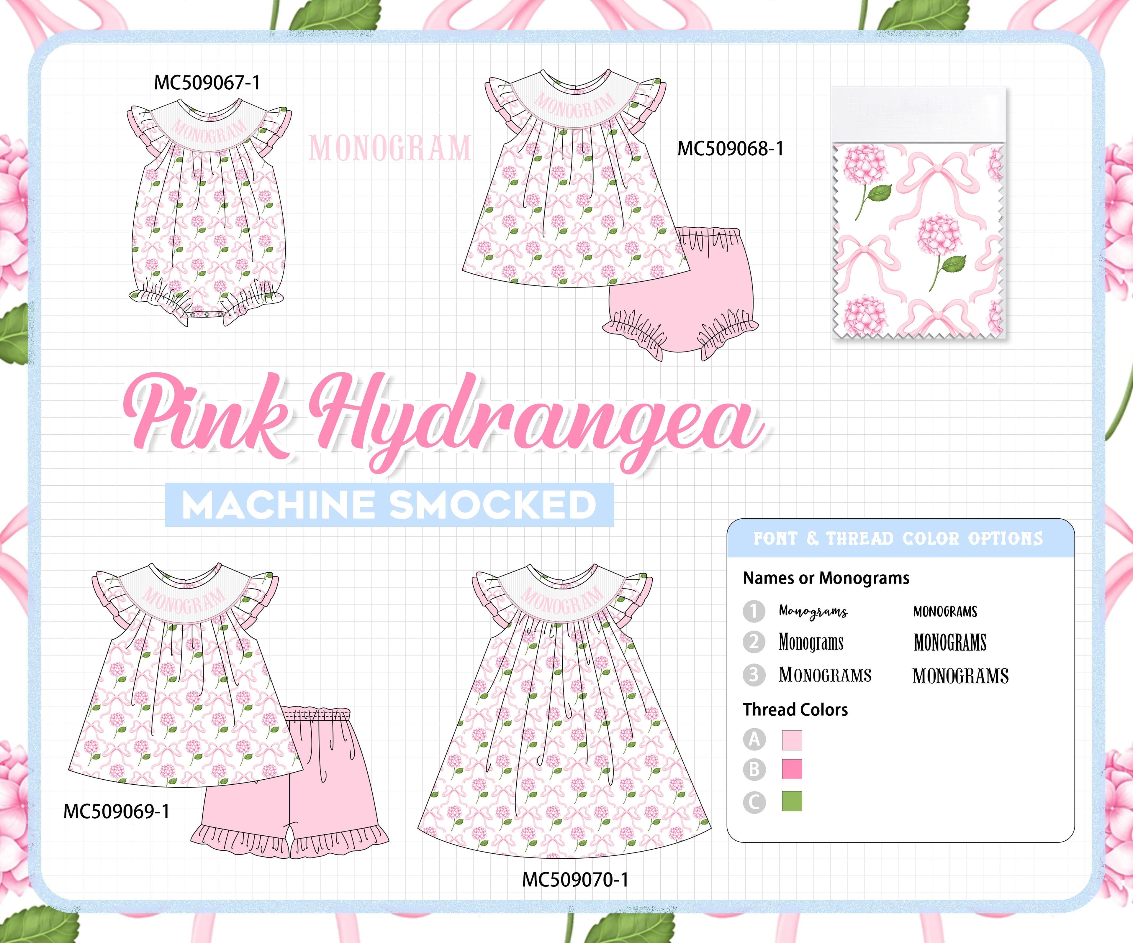 PO65 Pink bow hydrangea monogram smocked collection