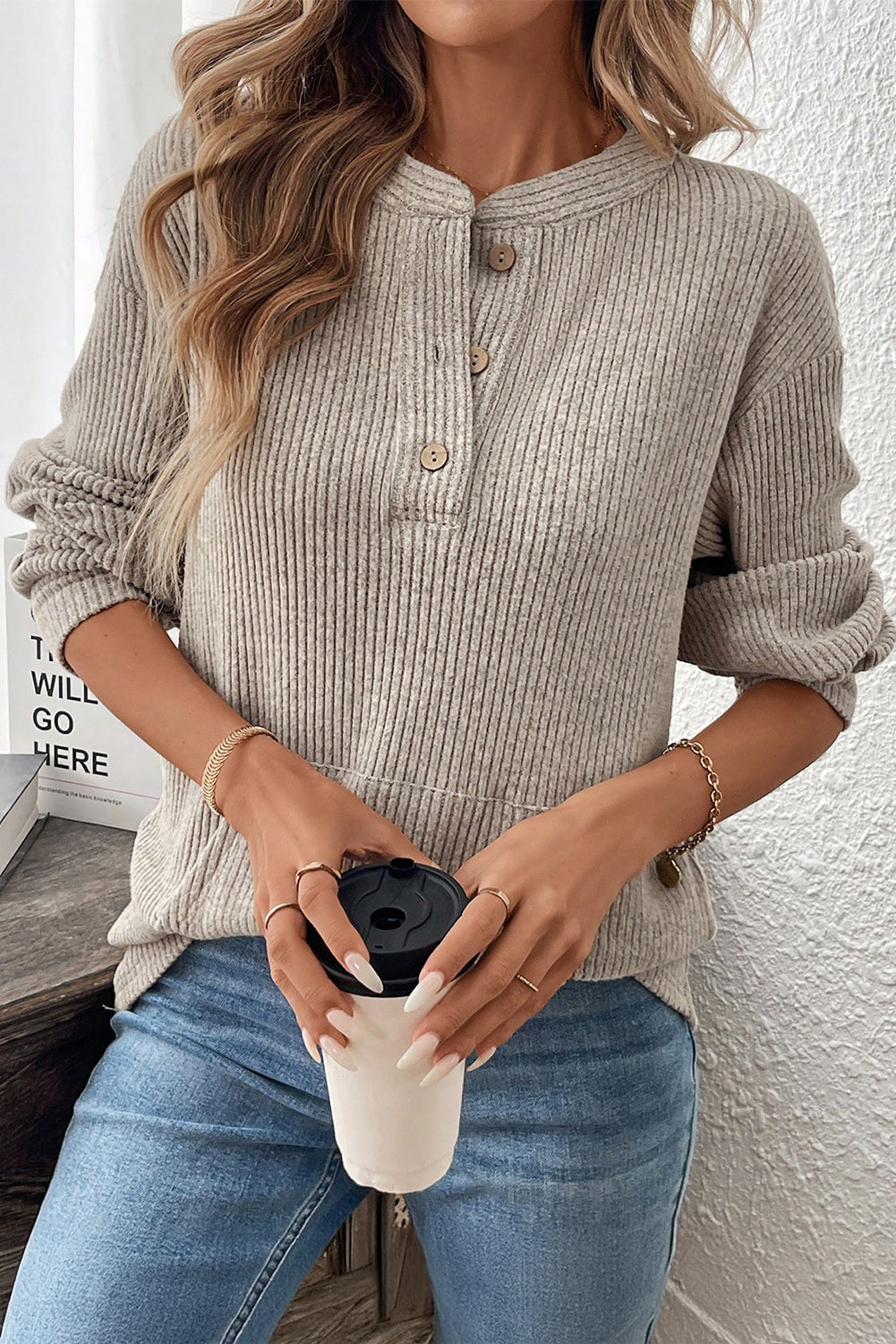 Taupe Henley Knit Top FB