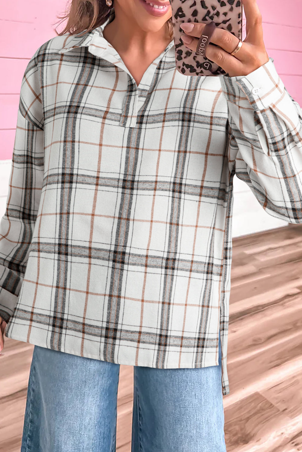White Plaid Side Slit Blouse FB