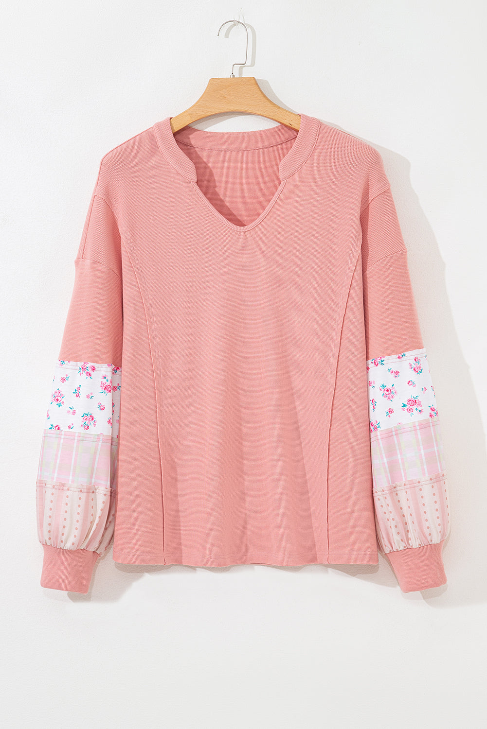 Pink Floral Sleeve Waffle Plus Top LT