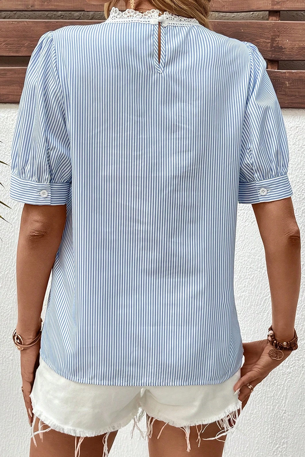 Blue Stripe Floral Lace Blouse RTS