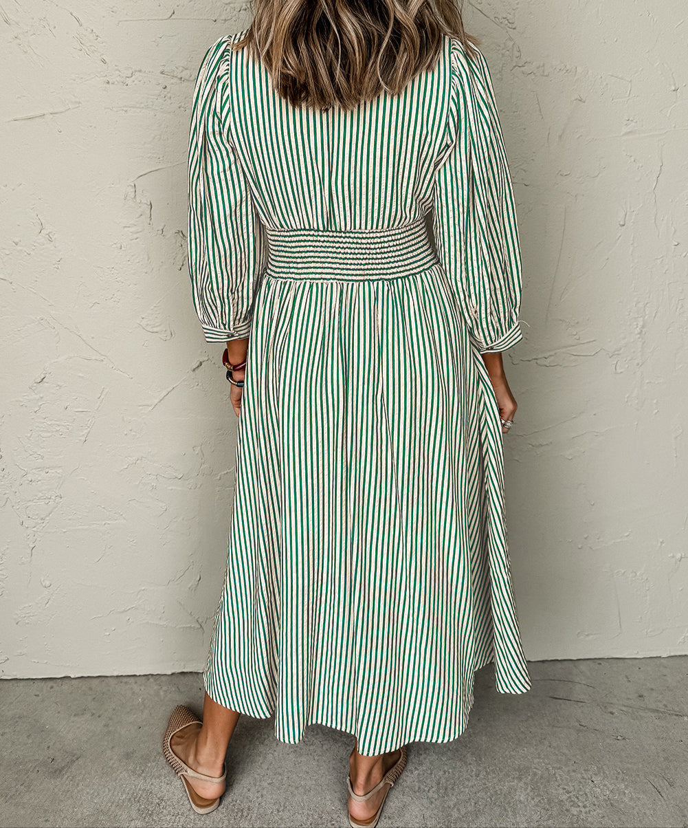 Green Stripe Clinched Midi Dress RTS