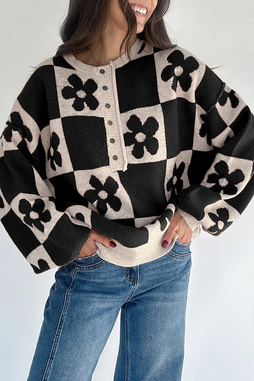 Flower Plaid Henley Sweater FB